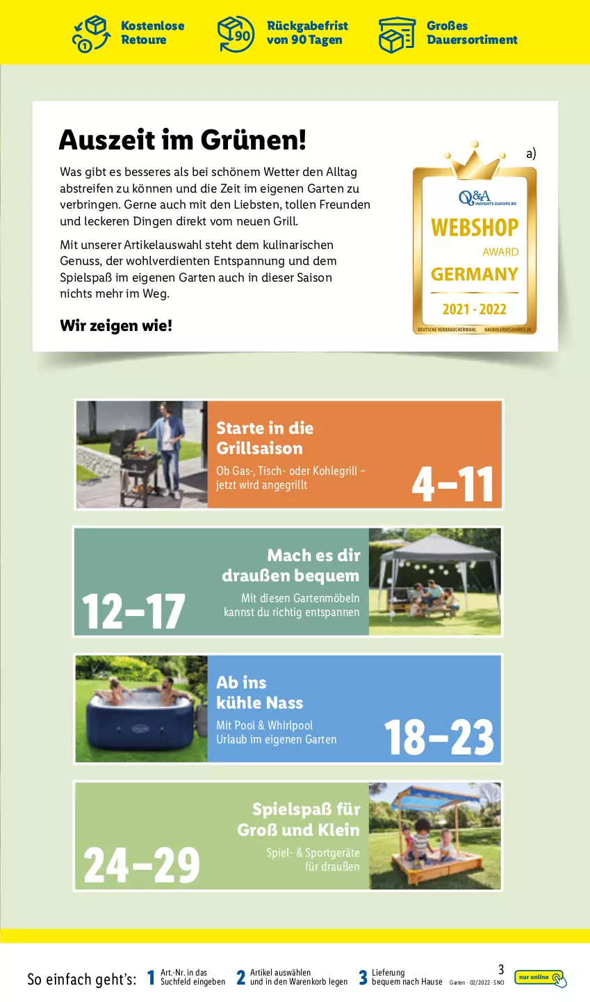 Aktueller Prospekt Lidl - Gartenmagazin 2022 - von 04.04 bis 15.05.2022 - strona 3 - produkty: auer, ente, Garten, gartenmöbel, grill, Kohlegrill, korb, mac, möbel, nuss, pool, reifen, ring, Sport, Ti, tisch, Whirlpool