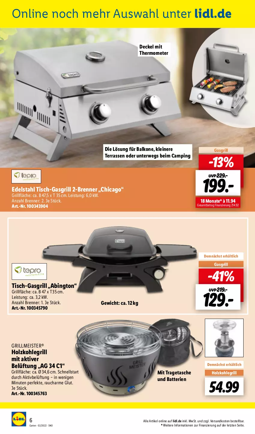 Aktueller Prospekt Lidl - Gartenmagazin 2022 - von 04.04 bis 15.05.2022 - strona 6 - produkty: batterie, batterien, decke, Deckel, edelstahl, eis, Garten, gasgrill, grill, grillfläche, Holz, holzkohle, holzkohlegrill, Kohlegrill, leine, Meister, mit thermometer, ndk, Rauch, rwe, Tasche, thermometer, Ti, tisch, tragetasche, ZTE