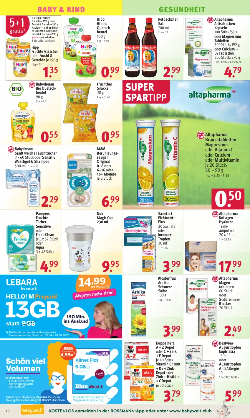 Aktueller Prospekt Rossmann - Prospekte - von 03.04 bis 06.04.2023 - strona 12 - produkty: Altapharma, aqua, Artischocken, babydream, Beruhigungssauger, beutel, bio, brause, Brausetabletten, Calcium, doppelherz, eis, Elektro, feuchte tücher, feuchttücher, frucht, früchte, Germ, Gesundheit, gin, hipp, hyaluron, Kollagen, magnesium, mam, nuk, pampers, quetschbeutel, Rauch, ring, sac, saft, shampoo, snack, snacks, spartipp, tablet, tablett, Tablette, Ti, Tiere, tisch, tücher, vita, Vitamin C, waschgel