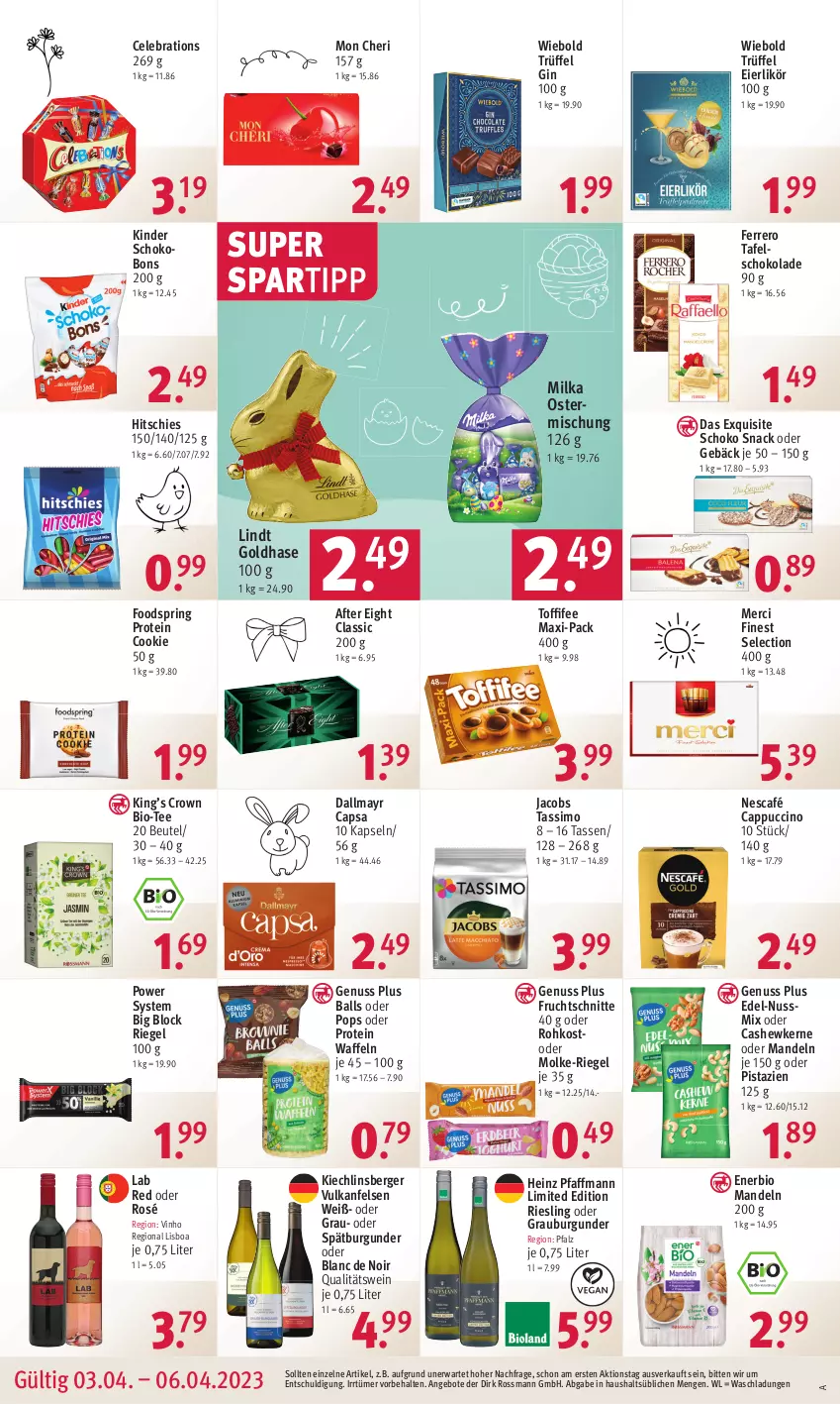 Aktueller Prospekt Rossmann - Prospekte - von 03.04 bis 06.04.2023 - strona 16 - produkty: after eight, angebot, angebote, ball, Berger, beutel, bio, burgunder, Cap, cappuccino, Cashew, cashewkerne, cin, cookie, dallmayr, dallmayr capsa, eier, eierlikör, eis, ferrero, frucht, Fruchtschnitte, gin, grauburgunder, heinz, jacobs, jacobs tassimo, Kinder, Kinder Schokobons, likör, lindt, mandel, mandeln, merci, milka, Nescafé, nuss, Nussmix, pistazien, qualitätswein, reis, riegel, riesling, ring, schoko, schokolade, sim, snack, spartipp, spätburgunder, tafelschokolade, tasse, tassimo, tee, Ti, toffifee, Trüffel, waffeln, wein, ZTE