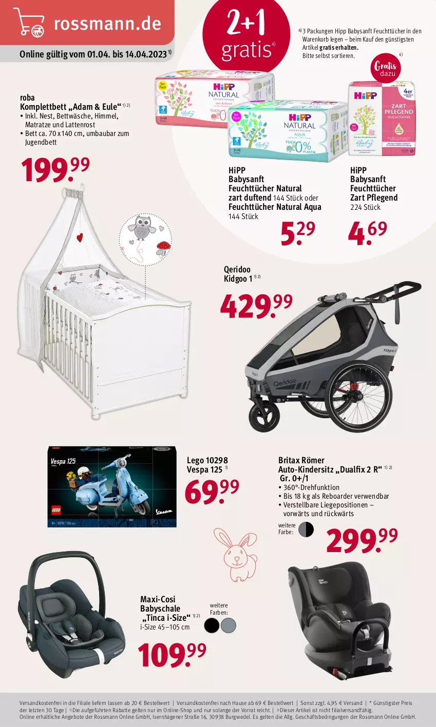 Aktueller Prospekt Rossmann - Prospekte - von 03.04 bis 06.04.2023 - strona 20 - produkty: angebot, angebote, aqua, auto, Bau, bett, bettwäsche, brita, eis, feuchttücher, hipp, Kinder, Kindersitz, korb, latte, lattenrost, LG, Liege, matratze, natur, natura, ndk, reis, roba, rwe, Schal, Schale, Ti, Tiere, tücher, versandkostenfrei, wedel, ZTE