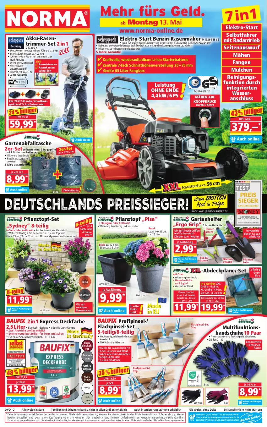 Aktueller Prospekt Norma - Norma - von 13.05 bis 20.05.2024 - strona 1 - produkty: abdeckplane, akku, asti, auer, auto, batterie, Bebe, blume, blumen, braun, Brei, decke, eis, Elektro, elle, Garten, gin, handschuhe, Holz, HP, kraft, Kugel, lack, Lacke, ladegerät, laufräder, LG, messer, ndk, nuss, pflanze, pflanzen, Pflanztopf, Pinsel, rasen, rasenmäher, rasentrimmer, Reinigung, reis, reiss, rwe, Schere, schnellladegerät, schuhe, senf, Tasche, Teleskop, Ti, tisch, topf, topf-set, tragegriff, Untersetzer, wasser