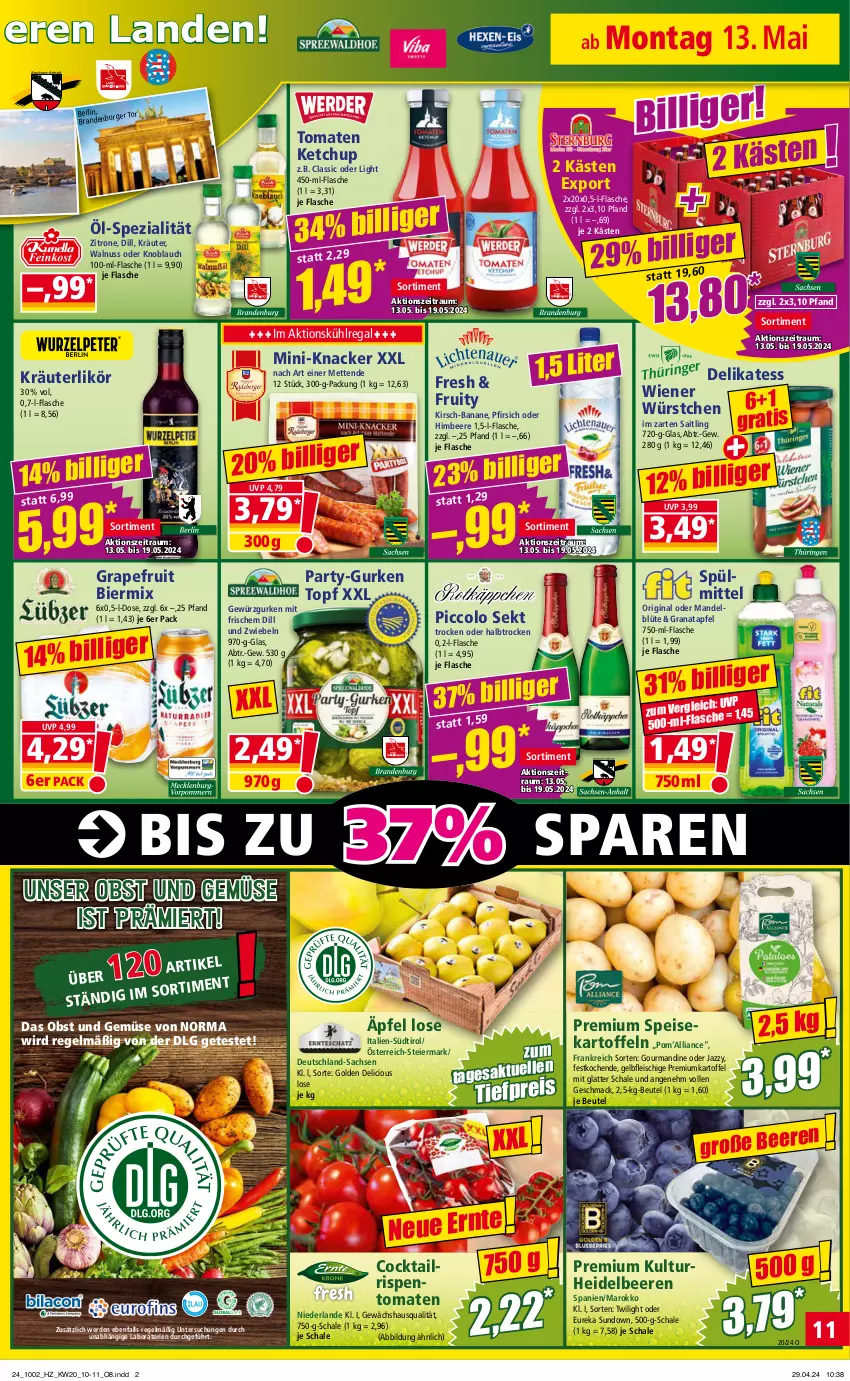 Aktueller Prospekt Norma - Norma - von 13.05 bis 20.05.2024 - strona 11 - produkty: apfel, banane, beere, beeren, beutel, bier, Blüte, cocktail, eier, eis, erde, flasche, fleisch, Gewächshaus, gewürz, Gewürzgurke, gewürzgurken, gin, grana, granatapfel, grapefruit, gurke, gurken, heidelbeere, heidelbeeren, himbeer, himbeere, im zarten saitling, kartoffel, kartoffeln, ketchup, kirsch, knacker, knoblauch, kräuter, kräuterlikör, kühlregal, latte, LG, likör, mac, mandel, Mett, metten, nuss, obst, Obst und Gemüse, pfirsich, Rana, regal, reis, rispentomaten, sac, Schal, Schale, sekt, speisekartoffeln, Spezi, spülmittel, Ti, tiefpreis, tomate, tomaten, tomaten ketchup, topf, und gemüse, walnuss, wiener, wiener würstchen, würstchen, zitrone, zwiebel, zwiebeln