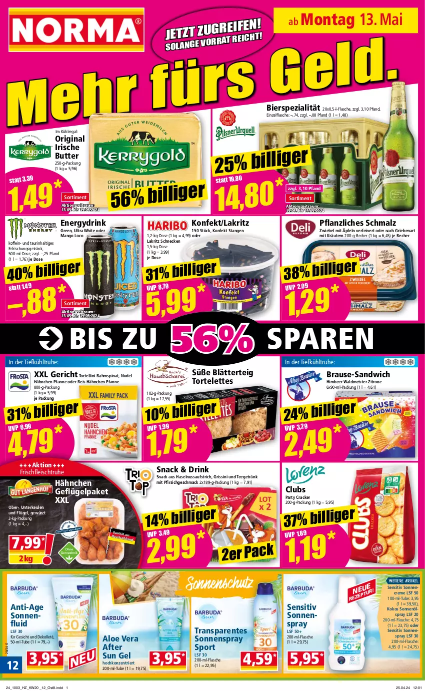 Aktueller Prospekt Norma - Norma - von 13.05 bis 20.05.2024 - strona 12 - produkty: after sun, aloe vera, aufstrich, Becher, bier, blätterteig, brause, butter, cracker, creme, drink, eis, ente, erfrischungsgetränk, flasche, fleisch, Geflügel, getränk, gewürz, gin, grissini, haselnuss, himbeer, irische butter, kokos, kräuter, kräutern, kühlregal, Lakritz, mac, malz, mango, Meister, nudel, nuss, oder lakritz, pfanne, pfirsich, regal, reis, sandwich, Schmalz, snack, sonnencreme, sonnenschutz, sonnenspray, Spezi, spinat, Sport, tee, Ti, torte, tortellini, waldmeister, zitrone, zwiebel