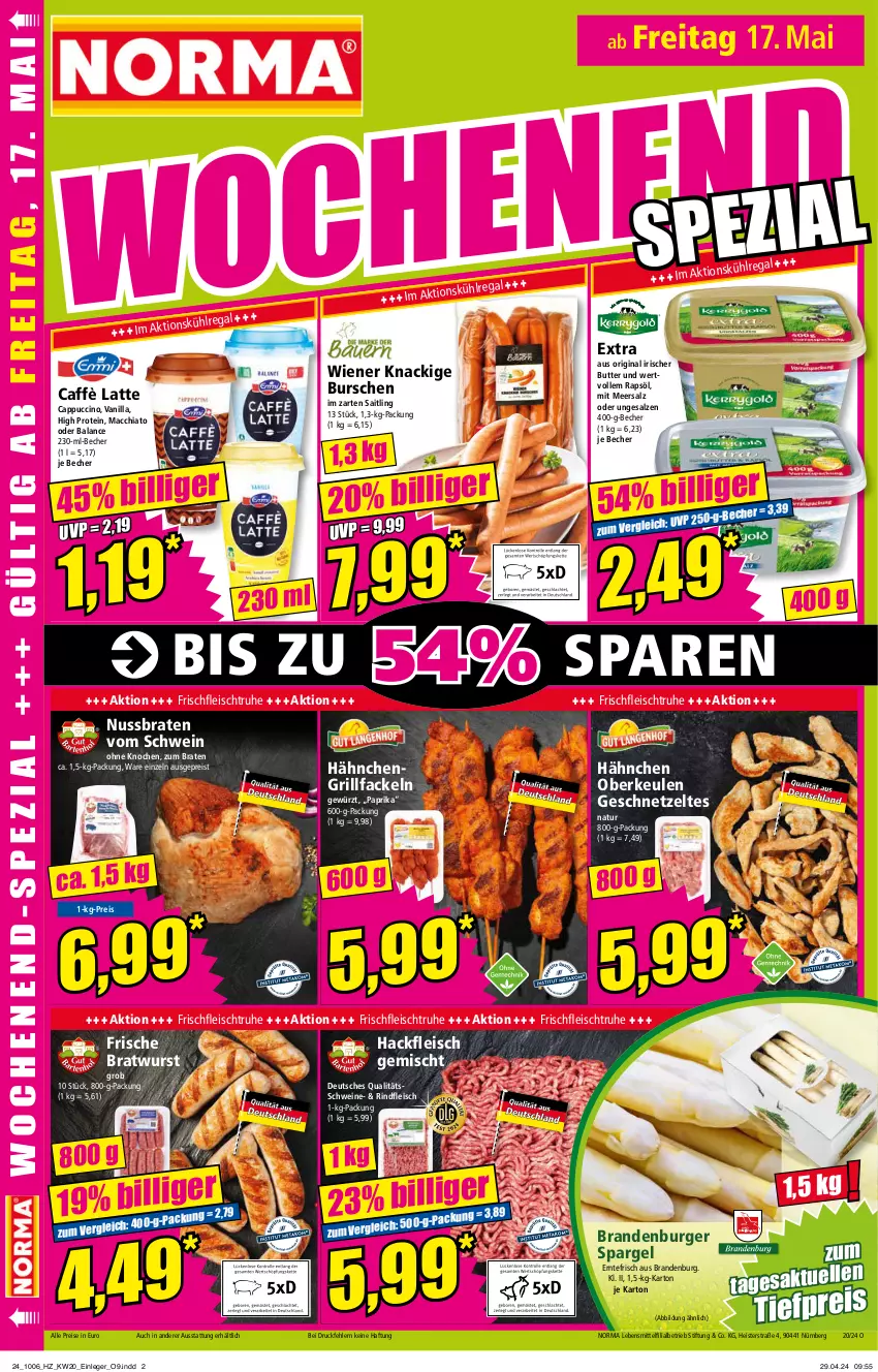 Aktueller Prospekt Norma - Norma - von 13.05 bis 20.05.2024 - strona 18 - produkty: ACC, Becher, braten, bratwurst, burger, butter, caffè latte, Cap, cappuccino, chia, cin, eis, fleisch, geschnetzeltes, gewürz, gin, grill, grillfackeln, hackfleisch, hackfleisch gemischt, im zarten saitling, latte, lebensmittel, mac, macchiato, meersalz, natur, nuss, paprika, rapsöl, regal, reis, rind, rindfleisch, salz, schwein, schweine, spargel, Ti, tiefpreis, wein, weine, wiener, wurst, Zelt