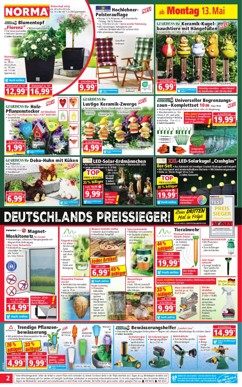 Aktueller Prospekt Norma - Norma - von 13.05 bis 20.05.2024 - strona 2 - produkty: auer, auto, batterie, Bau, baumwolle, Bebe, bio, blume, blumen, buch, dell, edelstahl, eis, elle, fenster, Fenster und Türen, Frosch, Garten, gin, Glaskugel, hering, hero, Heu, hocker, Holz, hörnchen, käfer, kaffee, kräuter, Kugel, leds, LG, Liege, lorenz, Lusti, Maus, Mode, moskitonetz, ndk, passend für alle, petersilie, pflanze, pflanzen, Rauch, reis, reiss, ring, rwe, Schal, schnittlauch, sekt, Signal, Ti, Tiere, tisch, topf, wasser, wolle, ZTE