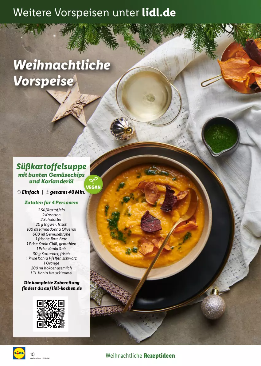 Aktueller Prospekt Lidl - Wein Entkorkt - von 09.11 bis 31.12.2023 - strona 10 - produkty: Brühe, chili, chips, eis, Gemüsebrühe, ingwer, karotten, kartoffel, kartoffeln, Kartoffelsuppe, kokos, kokosnuss, Kokosnussmilch, Koriander, milch, nuss, olive, oliven, olivenöl, orange, pfeffer, rezept, Ria, rote bete, salz, Schal, Schalotte, suppe, Süßkartoffeln, Ti, vorspeise, weihnachten