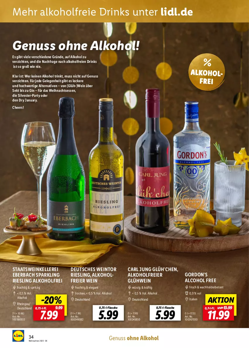 Aktueller Prospekt Lidl - Wein Entkorkt - von 09.11 bis 31.12.2023 - strona 34 - produkty: alkohol, drink, drinks, eier, elle, flasche, frucht, gin, Glühwein, gordon, Gordon’s, nuss, ohne alkohol, riesling, sekt, Ti, weihnachten, wein