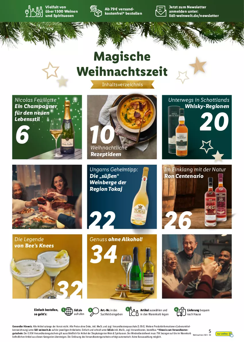 Aktueller Prospekt Lidl - Wein Entkorkt - von 09.11 bis 31.12.2023 - strona 5 - produkty: alkohol, auto, champagne, champagner, cola, eis, elle, ente, gutschein, korb, latte, lebensmittel, LG, natur, ndk, nuss, ohne alkohol, reis, rel, rezept, rwe, Schal, Schale, schott, spirituosen, Ti, tisch, versandkostenfrei, weihnachten, wein, weine, whisky