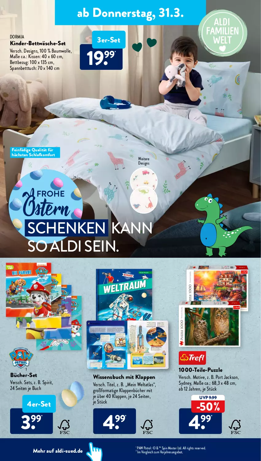 Aktueller Prospekt AldiSud - ALDI Aktuell - von 28.03 bis 02.04.2022 - strona 20 - produkty: aldi, angebot, Bau, baumwolle, bett, Betttuch, bettwäsche, buch, dormia, Kinder, kissen, Paw Patrol, Puzzle, resa, spannbetttuch, Ti, tuc, wolle