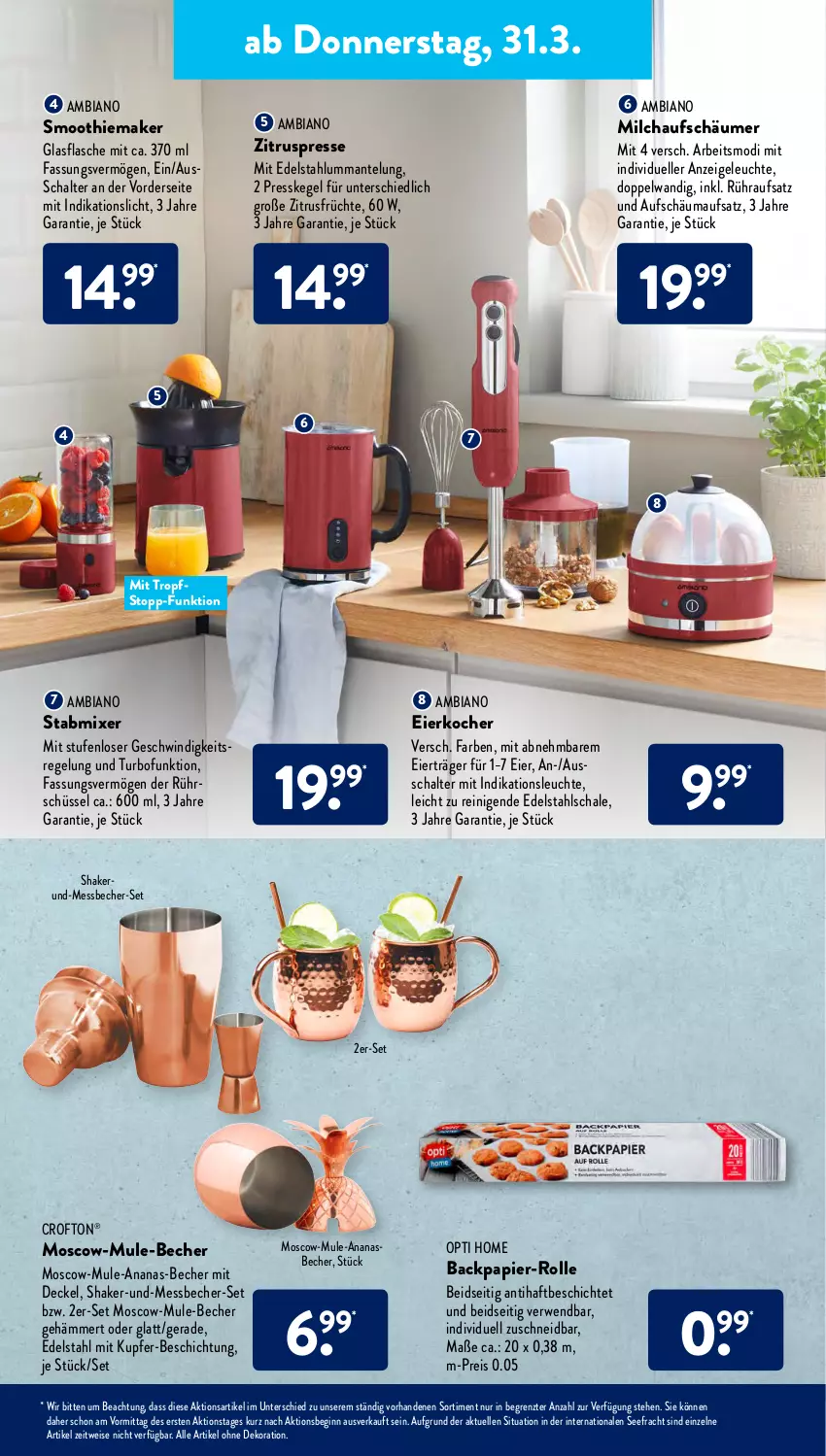 Aktueller Prospekt AldiSud - ALDI Aktuell - von 28.03 bis 02.04.2022 - strona 23 - produkty: alle artikel ohne dekoration, ambia, ananas, Becher, Crofton, crofton®, decke, Deckel, dekoration, edelstahl, eier, Eierkocher, eis, elle, flasche, früchte, gin, glasflasche, Kocher, Leuchte, Mantel, Messbecher, milch, milchaufschäumer, Mixer, papier, reis, rwe, Schal, Schale, schüssel, shake, smoothie, stabmixer, Ti, Zitruspresse, ZTE