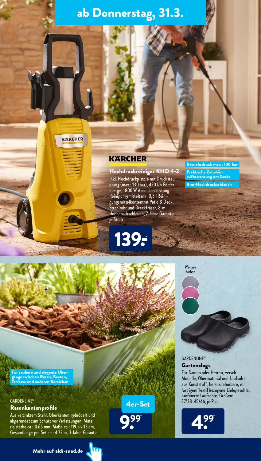 Aktueller Prospekt AldiSud - ALDI Aktuell - von 28.03 bis 02.04.2022 - strona 24 - produkty: aldi, Clogs, dell, eis, elle, gardenline®, Garten, hochdruckreiniger, Mode, rasen, reiniger, Reinigung, Reinigungsmittel, Ria, schlauch, Ti, tisch