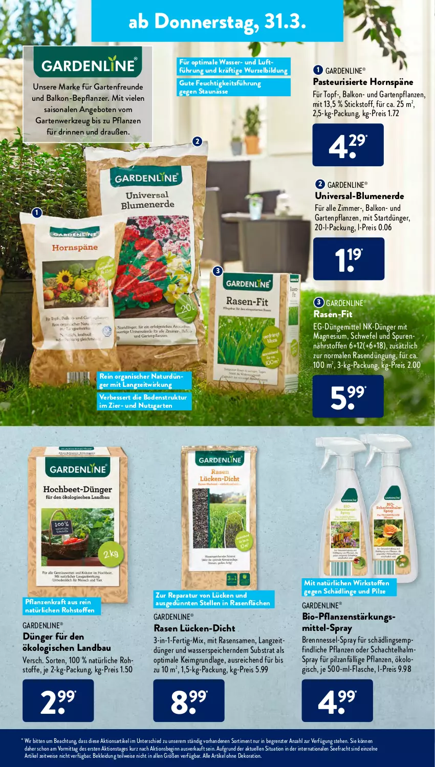 Aktueller Prospekt AldiSud - ALDI Aktuell - von 28.03 bis 02.04.2022 - strona 25 - produkty: alle artikel ohne dekoration, angebot, angebote, Bau, bio, blume, blumen, blumenerde, dekoration, dünger, eis, elle, erde, flasche, gardenline®, Garten, Gartenpflanze, gin, je 500-ml-flasche, kleid, Kleidung, kraft, magnesium, natur, pflanze, pflanzen, pilze, rasen, rasensamen, reis, senf, Ti, topf, wasser, werkzeug, ZTE