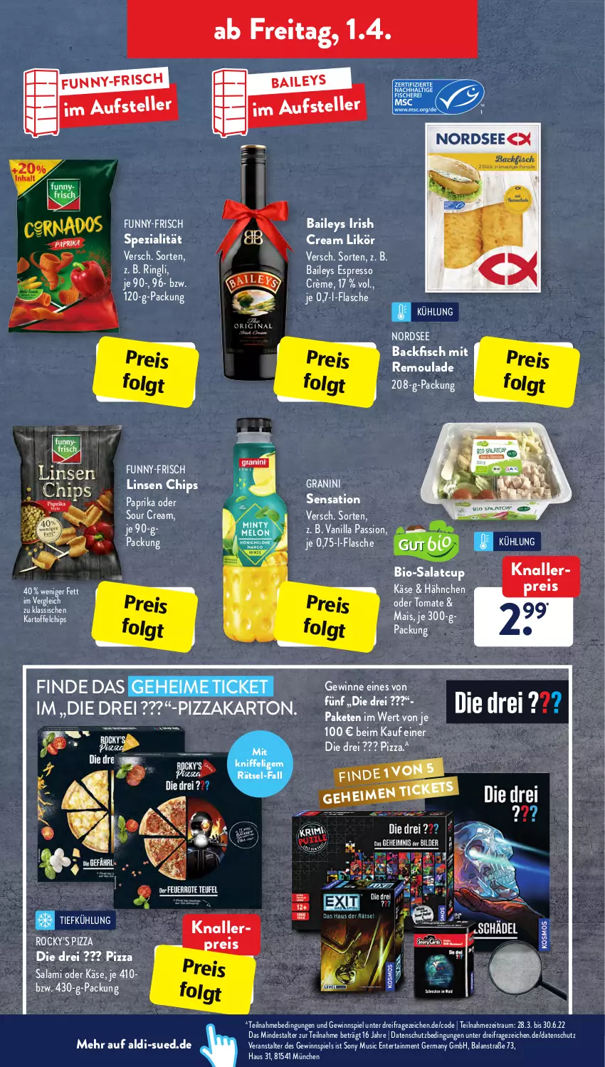 Aktueller Prospekt AldiSud - ALDI Aktuell - von 28.03 bis 02.04.2022 - strona 32 - produkty: aldi, backfisch, baileys, bio, chips, eis, elle, ente, espresso, fisch, flasche, funny-frisch, Germ, gewinnspiel, granini, irish cream, kartoffel, kartoffelchips, Käse, knallerpreis, LG, likör, linsen, mais, Nordsee, paprika, pizza, reis, remoulade, ring, salami, salat, sony, sour cream, Spezi, teller, Ti, tomate