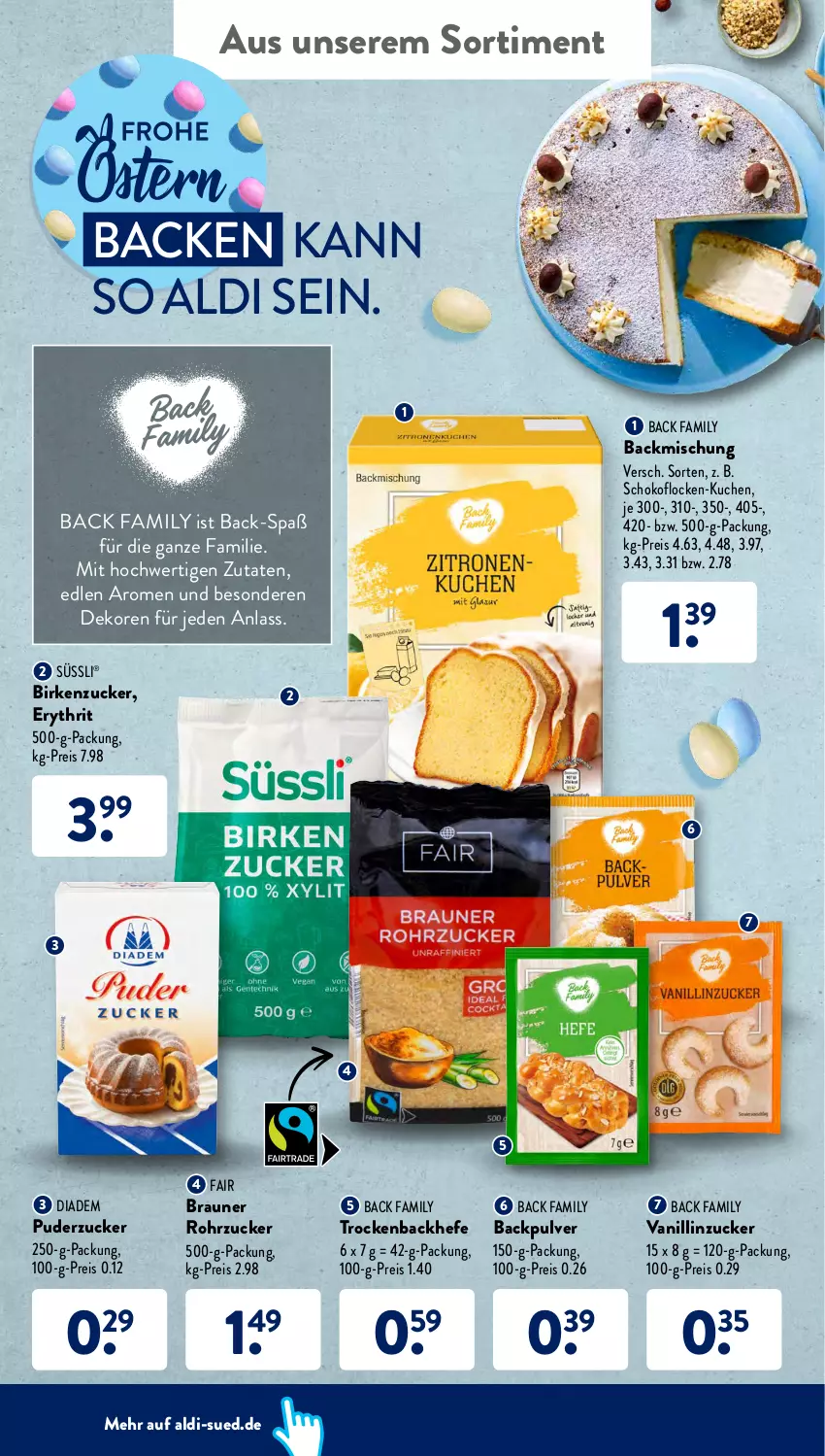 Aktueller Prospekt AldiSud - ALDI Aktuell - von 28.03 bis 02.04.2022 - strona 34 - produkty: aldi, backmischung, Birkenzucker, braun, diadem, eis, Hefe, kuchen, reis, rohrzucker, schoko, Ti, zucker