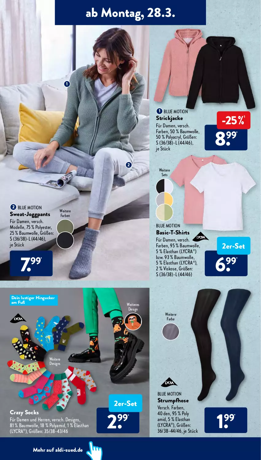 Aktueller Prospekt AldiSud - ALDI Aktuell - von 28.03 bis 02.04.2022 - strona 8 - produkty: aldi, Bau, baumwolle, dell, elle, hose, Jacke, Lusti, Mode, Pants, rum, shirt, shirts, Strickjacke, Strumpfhose, T-Shirt, Ti, wolle