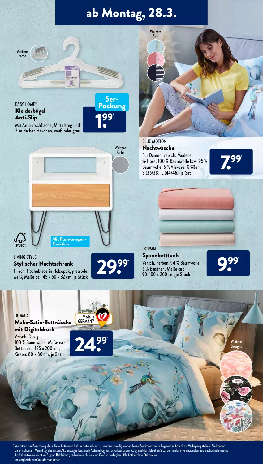 Aktueller Prospekt AldiSud - ALDI Aktuell - von 28.03 bis 02.04.2022 - strona 9 - produkty: alle artikel ohne dekoration, angebot, Bau, baumwolle, bett, Betttuch, bettwäsche, bügel, decke, dekoration, dell, dormia, eis, elle, gin, Holz, hose, kissen, kleid, kleider, kleiderbügel, Kleidung, Mode, resa, Schrank, slip, spannbetttuch, Ti, tuc, wolle, ZTE