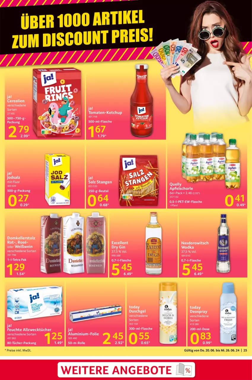 Aktueller Prospekt Selgros - Food - von 20.06 bis 26.06.2024 - strona 25 - produkty: Allzwecktücher, angebot, angebote, apfel, Apfelschorle, beutel, dry gin, duschgel, eier, eis, elle, flasche, gin, ketchup, LG, reis, Rowi, salz, schorle, Ti, tomate, tomaten, tücher, weck, wodka