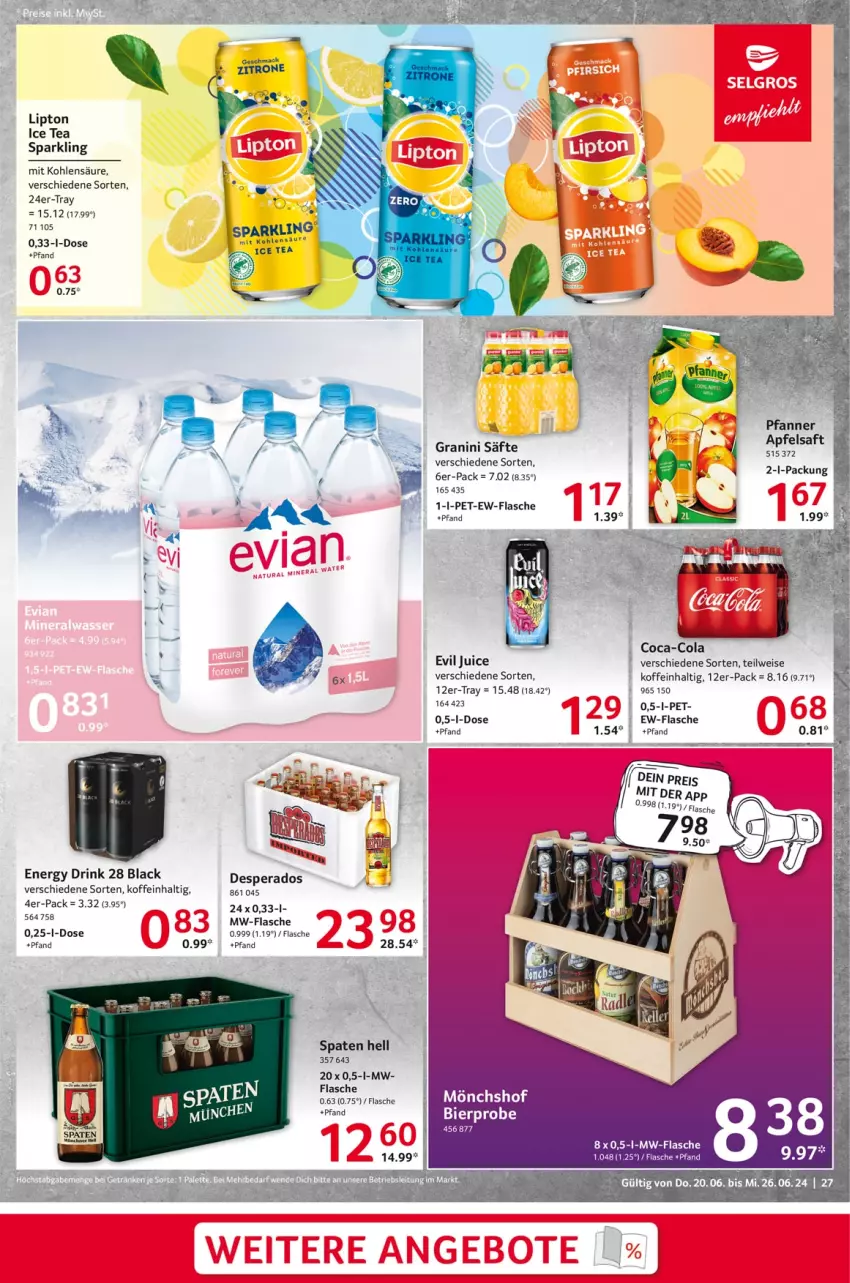 Aktueller Prospekt Selgros - Food - von 20.06 bis 26.06.2024 - strona 27 - produkty: apfel, apfelsaft, coca-cola, cola, desperados, drink, eis, energy drink, flasche, granini, ice tea, lack, LG, lipton, lipton ice tea, mac, mönchshof, mw-flasche, pfanne, Pfanner, saft, säfte, Spaten, tee, Ti, zitrone