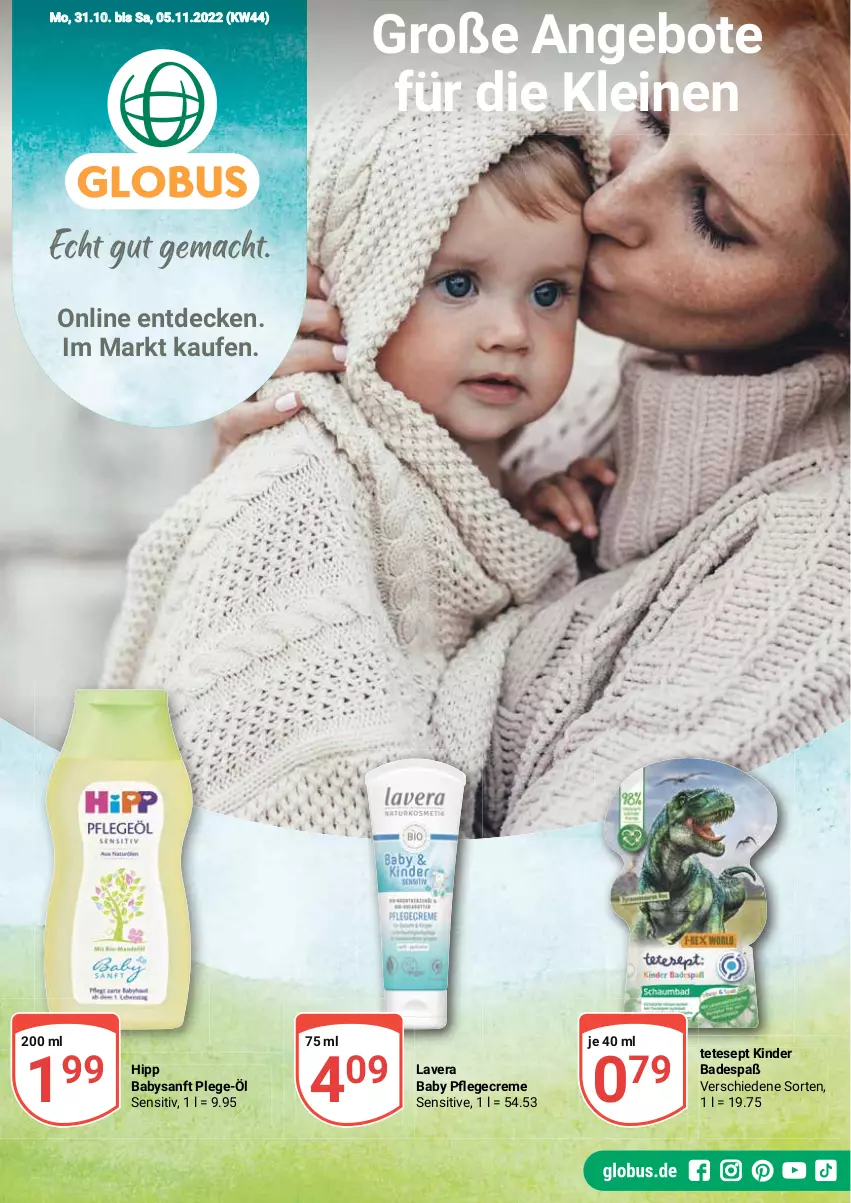 Aktueller Prospekt Globus - Prospekte - von 31.10 bis 05.11.2022 - strona 1 - produkty: angebot, angebote, Bad, creme, decke, hipp, Kinder, Kinder Badespaß, lavera, leine, Ti