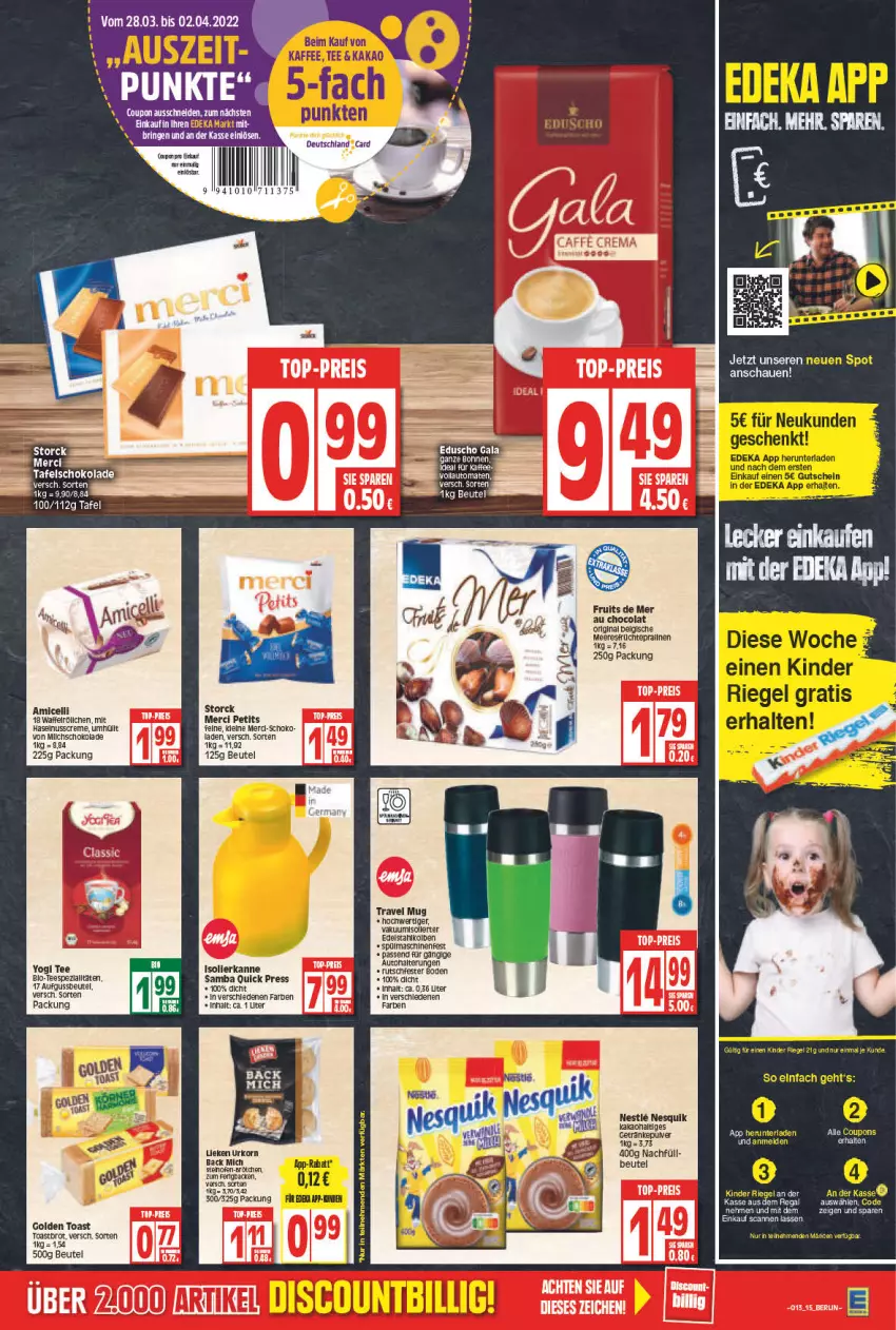 Aktueller Prospekt Edeka - Angebote der Woche - von 28.03 bis 02.04.2022 - strona 15 - produkty: auto, beutel, brot, cola, creme, edelstahl, eis, früchte, gin, golden toast, haselnuss, Haselnusscreme, kakao, korn, leine, LG, lieken, meeresfrüchte, merci, nesquik, nuss, Ofen, regal, reis, schoko, schokolade, storck, tee, Ti, toast, Toastbrot, top-preis, travel mug, urkorn, Waffelröllchen