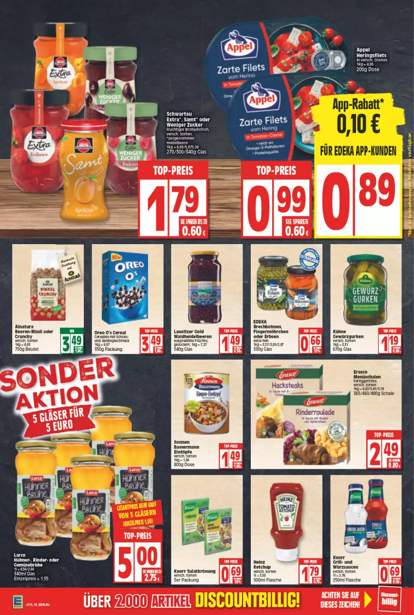 Aktueller Prospekt Edeka - Angebote der Woche - von 28.03 bis 02.04.2022 - strona 16 - produkty: beere, beeren, beutel, bohne, bohnen, deka, eintöpfe, eis, erbsen, filet, filets, flasche, früchte, Germ, gewürz, Gewürzgurke, gewürzgurken, grill, gurke, gurken, heidelbeere, heidelbeeren, heinz, hering, Herings, heringsfilets, ketchup, knorr, Kühne, Liege, mac, müsli, oreo, reis, ring, salat, salatkrönung, sauce, saucen, Schal, Schale, schoko, tee, Ti, top-preis, Waldheidelbeeren, würzsauce, würzsaucen, zucker