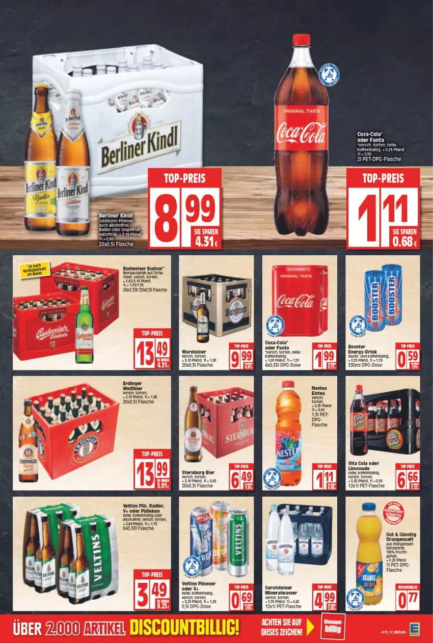 Aktueller Prospekt Edeka - Angebote der Woche - von 28.03 bis 02.04.2022 - strona 17 - produkty: alkohol, Alwa, bier, budweiser, coca-cola, cola, drink, eis, erdinger, fanta, flasche, frucht, gerolsteine, gerolsteiner, limo, limonade, mineralwasser, natur, Nestea, orange, orangen, orangensaft, pet-flasche, pils, pilsener, radler, rel, saft, steiner, Sternburg, Ti, veltins, veltins pilsener, vita, Vita C, warsteiner, wasser