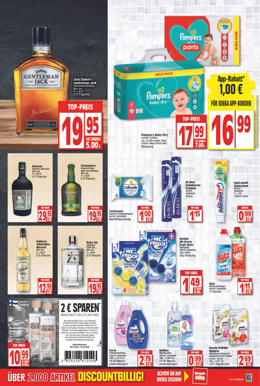 Aktueller Prospekt Edeka - Angebote der Woche - von 28.03 bis 02.04.2022 - strona 19 - produkty: allzweckreiniger, arla, baby-dry, beutel, bürste, Coral, cottonelle, creme, deka, elle, feinwaschmittel, flasche, gin, henkel, irish whiskey, jack daniel, jack daniel's, kraft, Odol, pampers, Pants, purina, reiniger, Softlan, Ti, tuc, tücher, waschmittel, weck, weichspüler, whiskey, zahnbürste, zahncreme