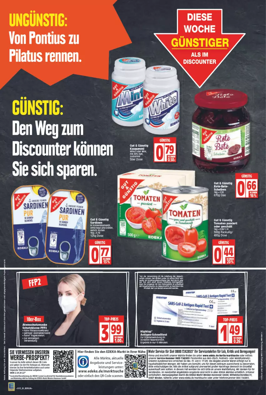 Aktueller Prospekt Edeka - Angebote der Woche - von 28.03 bis 02.04.2022 - strona 20 - produkty: angebot, angebote, Atemschutzmaske, deka, discount, eis, FFP2, kaugummi, LG, Liege, Maske, mint, papier, reis, rel, ring, rwe, saft, Sardinen, Schnelltest, telefon, Ti, tomate, tomaten, Tomaten Passiert, top-preis, uhr