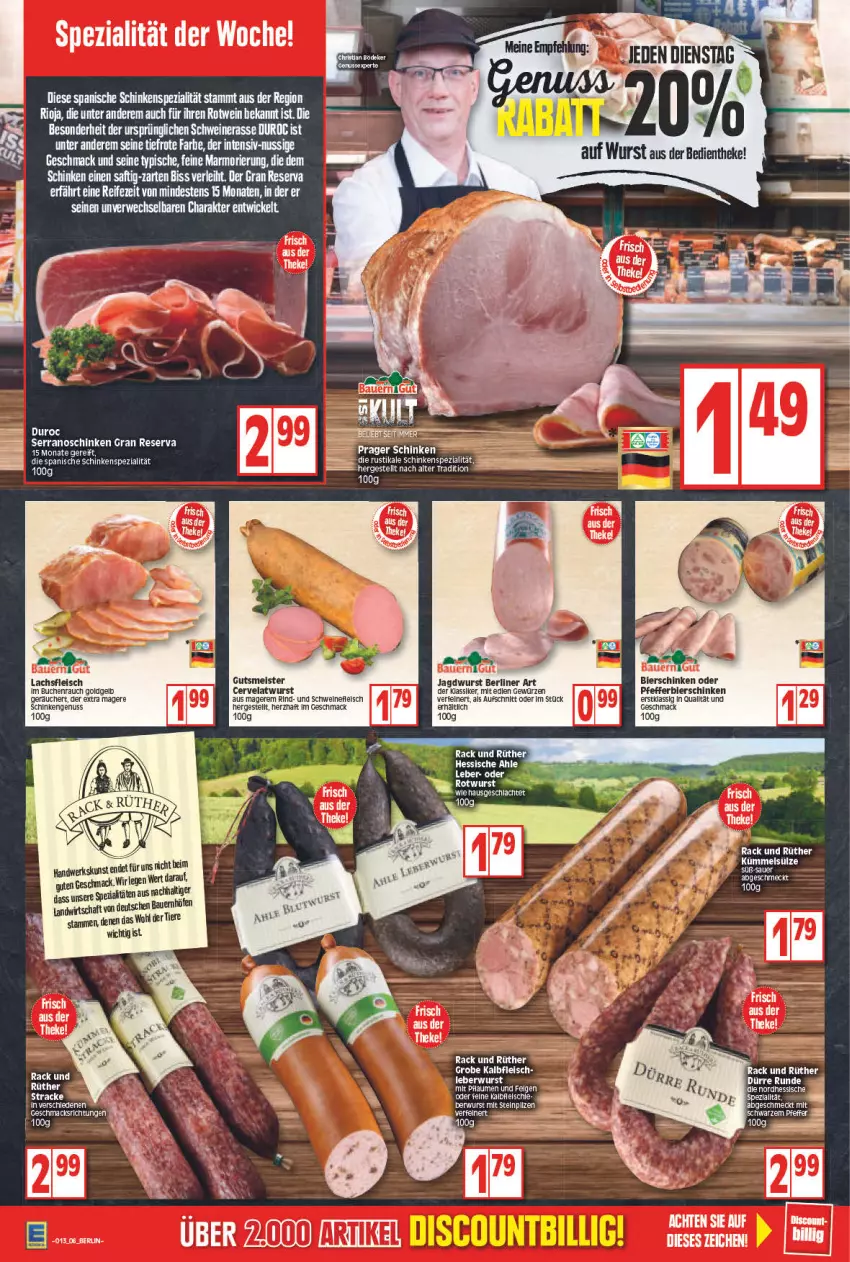 Aktueller Prospekt Edeka - Angebote der Woche - von 28.03 bis 02.04.2022 - strona 6 - produkty: auer, aufschnitt, Bau, Bauer, berliner, bier, bierschinken, buch, eis, felgen, fleisch, gewürz, jagdwurst, Kalbfleisch, lachs, LG, mac, Meister, nuss, pfeffer, pflaume, pflaumen, Rauch, rind, rioja, rotwein, rwe, schinken, schwein, schweine, schweinefleisch, serrano, Spezi, tee, Ti, wein, weine, WICK, wurst