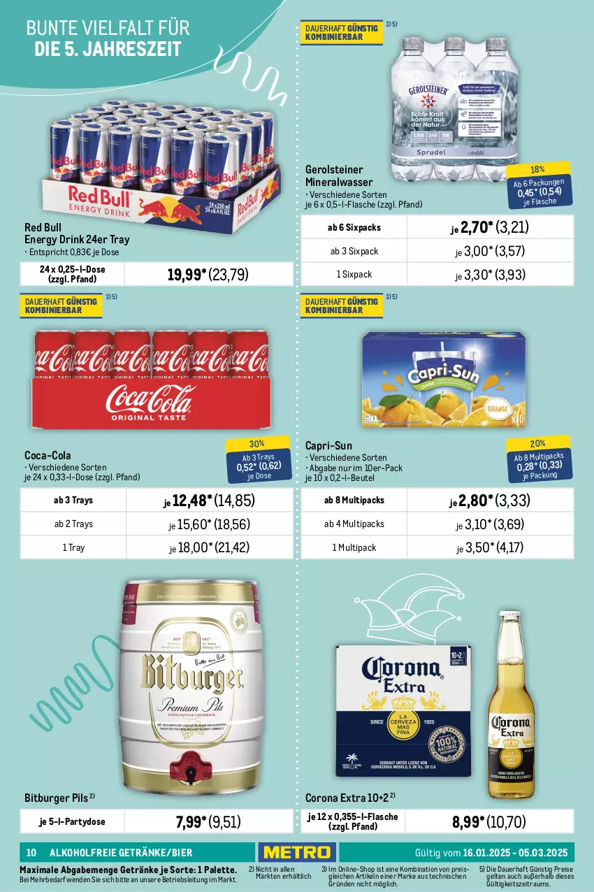 Aktueller Prospekt Metro - Karneval, Fasching, Fastnacht Spezial - von 16.01 bis 05.03.2025 - strona 10 - produkty: akku, alkohol, alkoholfreie getränke, Alwa, auer, ball, Bau, beutel, bier, bitburger, bitburger pils, blume, blumen, burger, Cap, capri-sun, coca-cola, cola, corona, corona extra, drink, eimer, eis, elle, energy drink, flasche, gerolsteine, gerolsteiner, getränk, getränke, Girlande, Knicklicht, lamm, lautsprecher, LG, Luftballon, Luftschlangen, mineralwasser, Palette, papier, pils, red bull, reis, ring, steiner, Subwoofer, teller, Ti, tisch, wasser