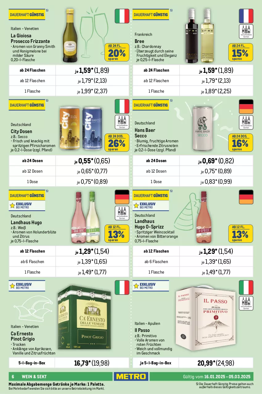 Aktueller Prospekt Metro - Karneval, Fasching, Fastnacht Spezial - von 16.01 bis 05.03.2025 - strona 6 - produkty: angebot, angebote, aprikose, aprikosen, auer, bag-in-box, Becher, berentzen, Blüte, bree, chardonnay, cocktail, drink, drinks, ecco, eis, ernesto, flasche, frizzante, frucht, früchte, früchten, Germ, getränk, getränke, Gorbatschow, holunder, holunderblüte, honig, honigmelone, hugo, jägermeister, kleiner feigling, kräuter, kräuterlikör, La Gioiosa, leine, likör, mac, Meister, melone, orange, Palette, passo, pfirsich, Pinot, pinot grigio, primitivo, prosecco, reis, sekt, Sprizz, tablet, tablett, Ti, vanille, wein, wodka