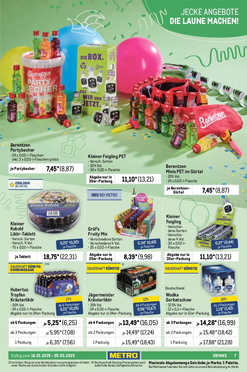 Aktueller Prospekt Metro - Karneval, Fasching, Fastnacht Spezial - von 16.01 bis 05.03.2025 - strona 7 - produkty: angebot, angebote, aprikose, aprikosen, auer, bag-in-box, Becher, berentzen, Blüte, bree, chardonnay, cocktail, drink, drinks, ecco, eis, ernesto, flasche, frizzante, frucht, früchte, früchten, Germ, getränk, getränke, Gorbatschow, holunder, holunderblüte, honig, honigmelone, hugo, jägermeister, kleiner feigling, kräuter, kräuterlikör, La Gioiosa, leine, likör, mac, Meister, melone, orange, Palette, passo, pfirsich, Pinot, pinot grigio, primitivo, prosecco, reis, sekt, Sprizz, tablet, tablett, Ti, vanille, wein, wodka