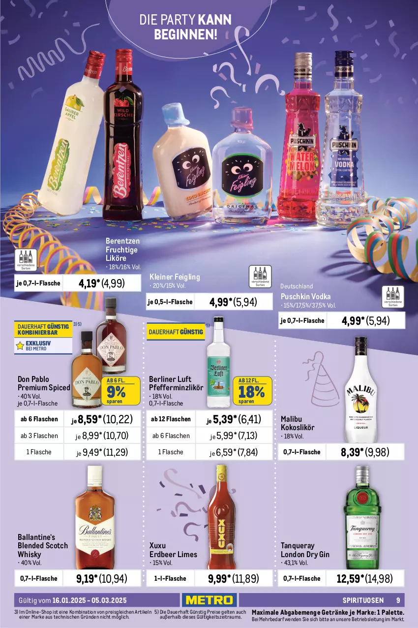 Aktueller Prospekt Metro - Karneval, Fasching, Fastnacht Spezial - von 16.01 bis 05.03.2025 - strona 9 - produkty: aperol, auer, ball, berentzen, berliner, berliner luft, blended scotch, blended scotch whisky, Cap, captain morgan, cola, dry gin, Effect, eis, flasche, frucht, getränk, getränke, gin, Gorbatschow, gordon, gordons, jack daniel, jim beam, kleiner feigling, kokos, leine, likör, limette, london dry, london dry gin, Malibu, Mett, mojito, Palette, pfeffer, pfefferminzlikör, puschkin vodka, reis, rum, scotch, scotch whisky, spirituosen, sprite, Tanqueray, Ti, tonic, vodka, whisky, white rum, zitrone