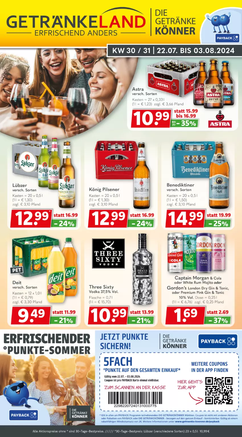 Aktueller Prospekt Getraenkeland - von 22.07 bis 03.08.2024 - strona 1 - produkty: aktionspreis, Benediktiner, bestpreis, bestpreise, Cap, captain morgan, cin, cola, coupon, coupons, deit, dry gin, eis, flasche, getränk, getränke, gin, gordon, könig pilsener, leine, london dry, london dry gin, Lübzer, mojito, payback, pils, pilsener, reis, rum, Three Sixty, Ti, tonic, vodka, white rum