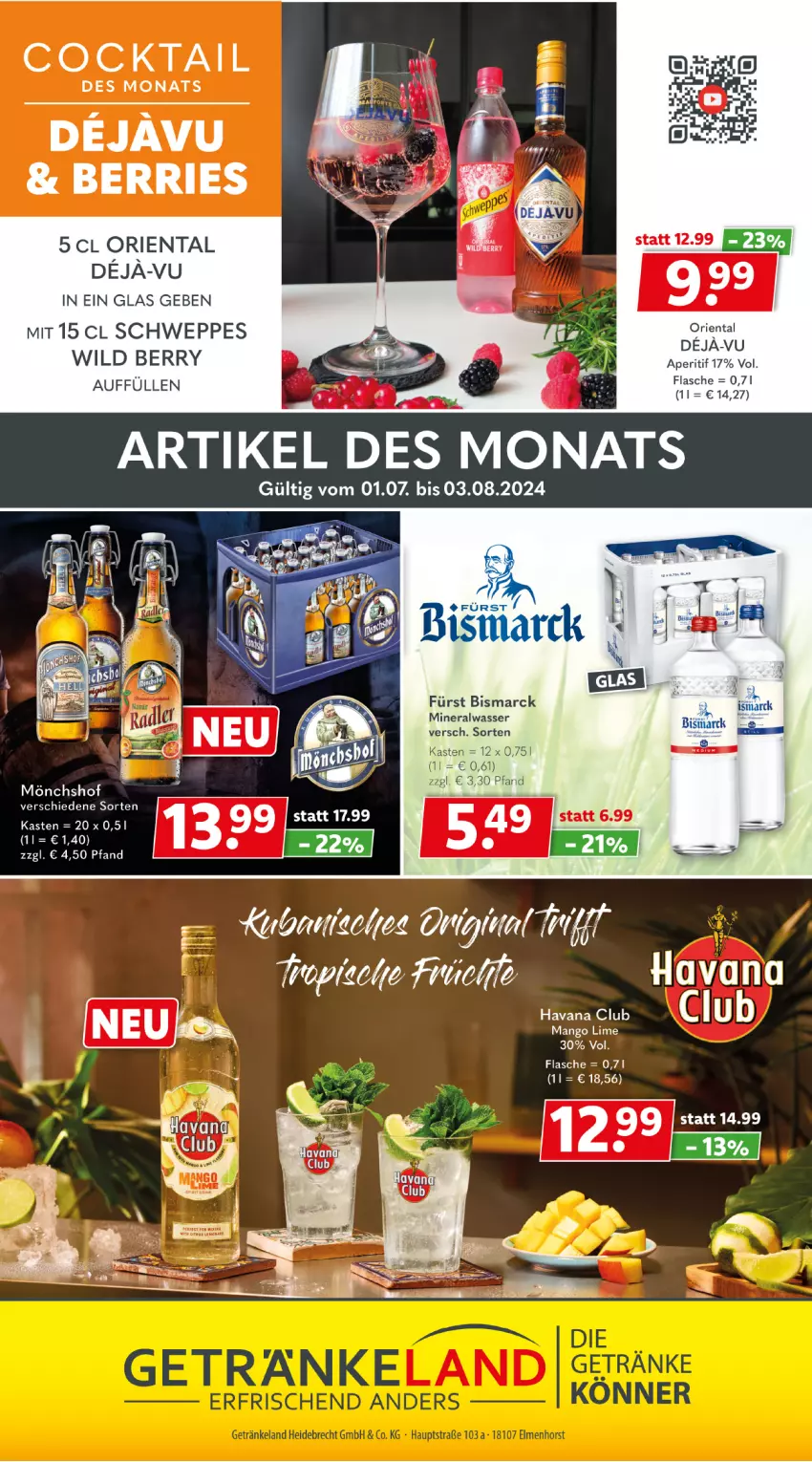 Aktueller Prospekt Getraenkeland - von 22.07 bis 03.08.2024 - strona 13 - produkty: Alwa, aperitif, bismarck, cocktail, flasche, gin, Havana Club, mango, mineralwasser, mönchshof, schweppes, Ti, wasser, Wild, wild berry