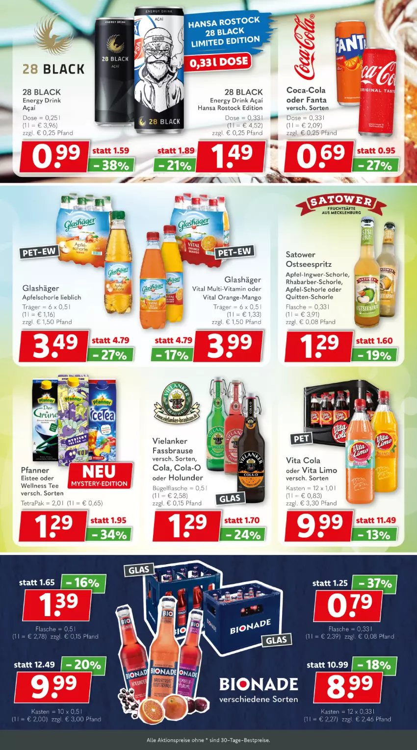 Aktueller Prospekt Getraenkeland - von 22.07 bis 03.08.2024 - strona 6 - produkty: aktionspreis, apfel, Apfelschorle, bestpreis, bestpreise, bio, bionade, brause, bügel, bügelflasche, coca-cola, cola, drink, eis, eistee, Elan, energy drink, esprit, fanta, fassbrause, flasche, frucht, fruchtsäfte, holunder, ingwer, lack, limo, mango, pfanne, Pfanner, reis, rhabarber, säfte, schorle, tee, Ti, vita