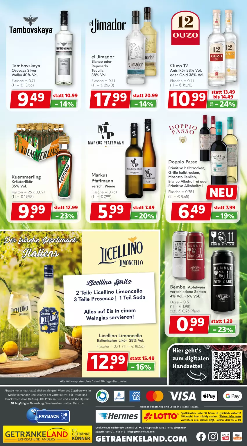 Aktueller Prospekt Getraenkeland - von 22.07 bis 03.08.2024 - strona 8 - produkty: abholpreise, aktionspreis, alkohol, apfel, apfelwein, beere, beeren, bestpreis, bestpreise, bett, doppio passo, ecco, eis, Elan, flasche, getränk, getränke, grill, grillo, kräuter, kräuterlikör, kuemmerling, likör, limo, mac, merl, ouzo, ouzo 12, passo, primitivo, prosecco, reis, Soda, tequila, Ti, vodka, wein, weine