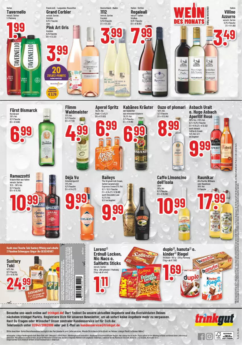 Aktueller Prospekt Trinkgut - von 31.07 bis 05.08.2023 - strona 4 - produkty: angebot, angebote, angebotspreis, aperitif, aperol, asbach uralt, Bad, baileys, beutel, bier, bismarck, Brei, burgunder, caramel, cin, cola, creme, decor, deka, dell, deutschlandcard, duplo, eis, elle, erde, espresso, flasche, gin, ginger, hanuta, haselnuss, hugo, irish cream, Kinder, kräuter, kräutern, LG, lieferservice, likör, limo, lorenz, Mattel, Meister, nuss, ouzo, Pinot, rama, ramazzott, ramazzotti, regal, reis, riegel, saltletts, schweppes, telefon, Ti, uhr, vernel, waldmeister, whisky, zott