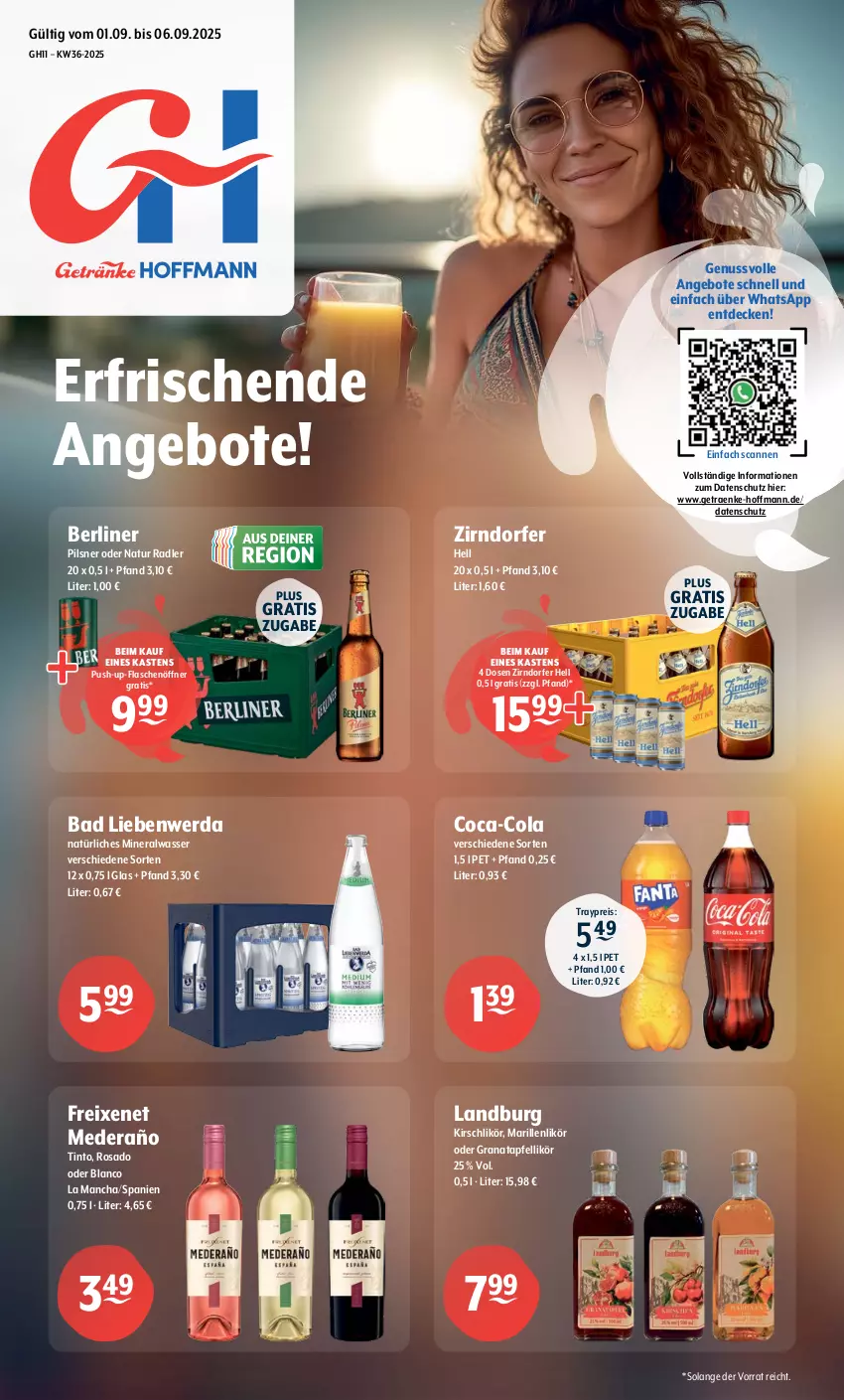 Aktueller Prospekt Getraenke Hoffmann - Prospekte - von 01.09 bis 06.09.2025 - strona 1 - produkty: Alwa, angebot, angebote, apfel, Bad, Bad Liebenwerda, berliner, coca-cola, cola, decke, eis, flasche, flaschenöffner, freixenet, grana, granatapfel, kirsch, Kirschlikör, likör, mineralwasser, natur, natur radler, natürliches mineralwasser, nuss, pils, pilsner, Push-up, radler, Rana, reis, Ti, wasser