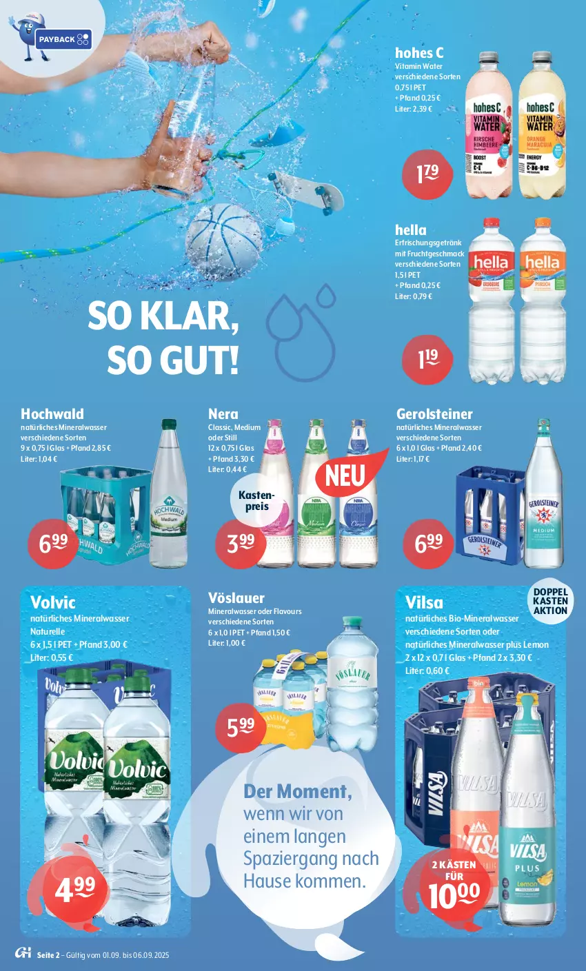 Aktueller Prospekt Getraenke Hoffmann - Prospekte - von 01.09 bis 06.09.2025 - strona 2 - produkty: Alwa, auer, bio, eis, elle, erfrischungsgetränk, frucht, gerolsteine, gerolsteiner, getränk, hella, hochwald, Hohes C, mac, mineralwasser, mit frucht, natur, natürliches mineralwasser, reis, rel, steiner, Ti, vilsa, vita, volvic, vöslauer, wasser