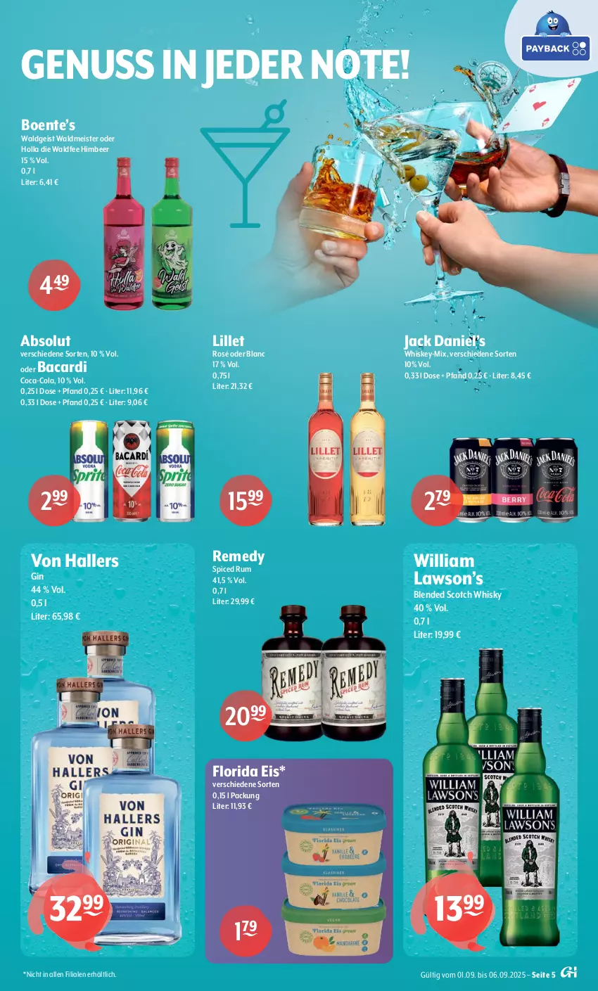Aktueller Prospekt Getraenke Hoffmann - Prospekte - von 01.09 bis 06.09.2025 - strona 5 - produkty: bacardi, blended scotch, blended scotch whisky, coca-cola, cola, eis, ente, gin, himbeer, jack daniel, Jack Daniel’s, lillet, Meister, nuss, rum, scotch, scotch whisky, Ti, waldmeister, whiskey, whisky