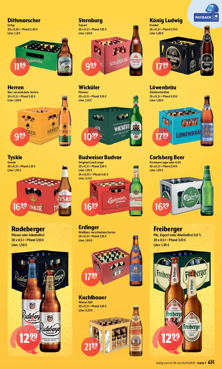 Aktueller Prospekt Getraenke Hoffmann - Prospekte - von 01.09 bis 06.09.2025 - strona 7 - produkty: alkohol, auer, Bau, Bauer, Berger, bier, budweiser, carlsberg, carlsberg beer, eis, erdinger, Freiberger, gin, mars, pils, pilsener, pilsner, radeberger, radeberger pilsner, Sternburg, Ti, tyskie, urtyp, WICK