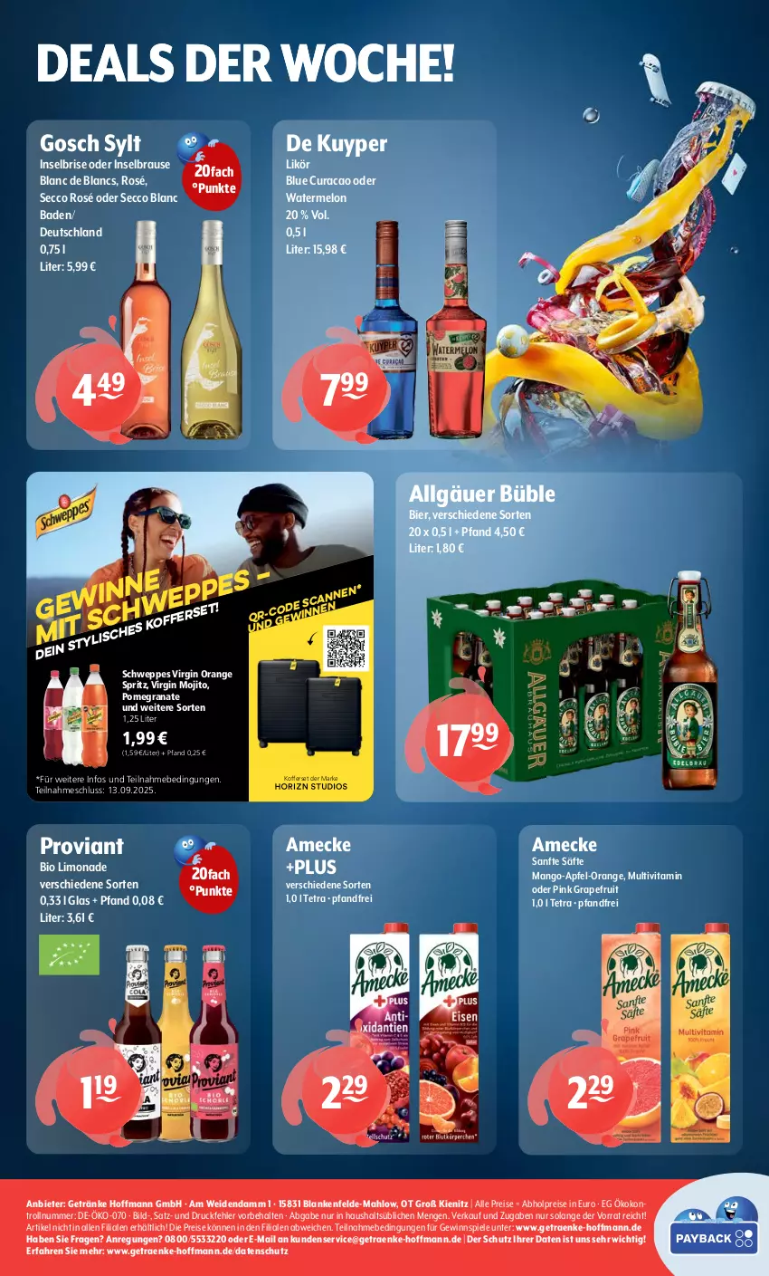 Aktueller Prospekt Getraenke Hoffmann - Prospekte - von 01.09 bis 06.09.2025 - strona 8 - produkty: abholpreise, amecke, apfel, Bad, bier, bio, bio limo, brause, de blancs, ecco, eis, getränk, getränke, gewinnspiel, gin, grana, grapefruit, koffer, LG, likör, limo, limonade, mango, mojito, orange, Proviant, Rana, reis, säfte, schweppes, Spiele, Ti, vita