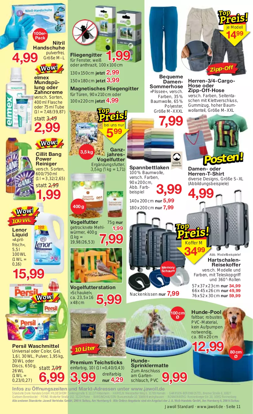 Aktueller Prospekt Jawoll - Prospekte - von 21.05 bis 27.05.2023 - strona 11 - produkty: angebot, angebote, Bau, baumwolle, Berger, bett, Cillit, cillit bang, creme, dell, eis, elle, elmex, fenster, flasche, fliegengitter, Garten, gartenschlauch, handschuhe, herren-t-shirt, hose, kissen, koffer, lenor, Liege, mehl, Mode, mundspülung, nackenkissen, persil, persil waschmittel, pool, pril, reiniger, reis, Ria, Schal, Schale, Schaukel, schlauch, schuhe, shirt, spannbettlaken, Spiele, spülung, T-Shirt, Tasche, taschen, Teleskop, Ti, tisch, Vogelfutter, waschmittel, wolle, zahncreme