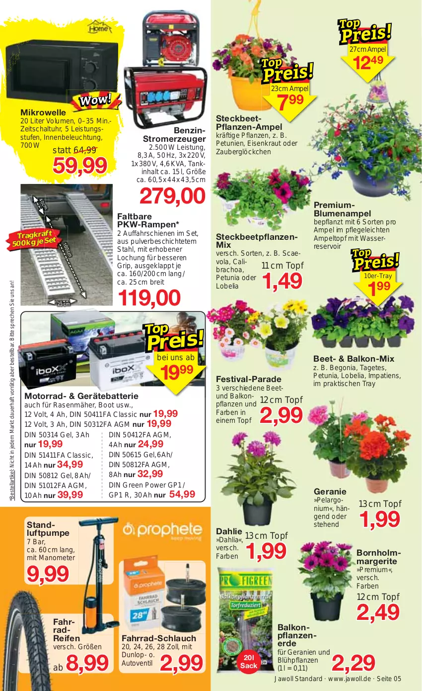 Aktueller Prospekt Jawoll - Prospekte - von 21.05 bis 27.05.2023 - strona 5 - produkty: auer, auto, balkonpflanzen, batterie, beetpflanzen, Begonia, beleuchtung, blume, blumen, Blumenampel, Brei, dahlie, dunlop, eis, elle, erde, Fahrrad, geranie, geranien, HP, kraft, Kraut, mikrowelle, Pelargonium, petunie, petunien, pflanze, pflanzen, rasen, rasenmäher, reifen, sac, Schal, schlauch, Stromerzeuger, Ti, tisch, topf, uhr, wasser, zauberglöckchen