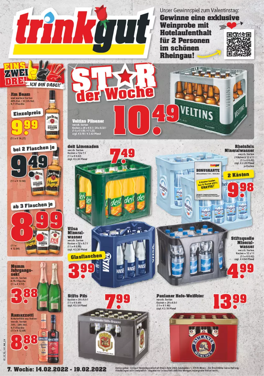 Aktueller Prospekt Trinkgut - von 14.02 bis 19.02.2022 - strona 1 - produkty: Alwa, bier, deit, deka, eis, flasche, gewinnspiel, Hefe, jim beam, kräuter, kräuterlikör, Laufen, likör, limo, limonade, limonaden, mineralwasser, mumm, Paula, paulaner, pils, pilsener, rama, ramazzott, ramazzotti, reis, sekt, Ti, uhr, veltins, veltins pilsener, vilsa, wasser, wein, zott