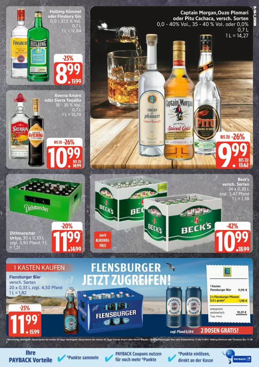 Aktueller Prospekt Edeka - Prospekte - von 15.09 bis 20.09.2025 - strona 19 - produkty: bier, burger, Cachaca, Cap, captain morgan, coupon, coupons, flensburger, ouzo, payback, pils, pilsener, Ti