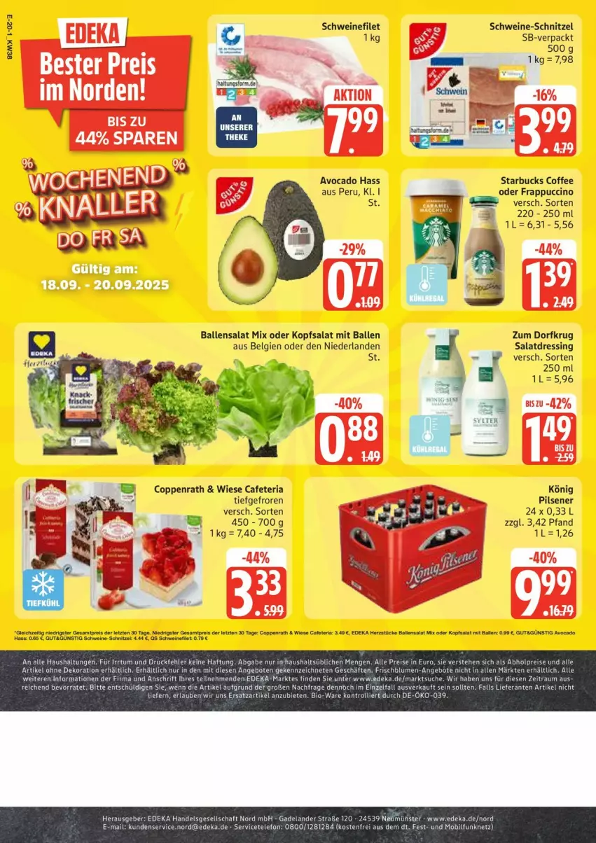 Aktueller Prospekt Edeka - Prospekte - von 15.09 bis 20.09.2025 - strona 20 - produkty: avocado, ball, cin, coppenrath, dressing, filet, kopfsalat, LG, pils, pilsener, Ria, salat, salatdressing, schnitzel, schwein, schweine, schweine-schnitzel, schweinefilet, starbucks, tee, Ti, wein, weine, ZTE, Zum Dorfkrug