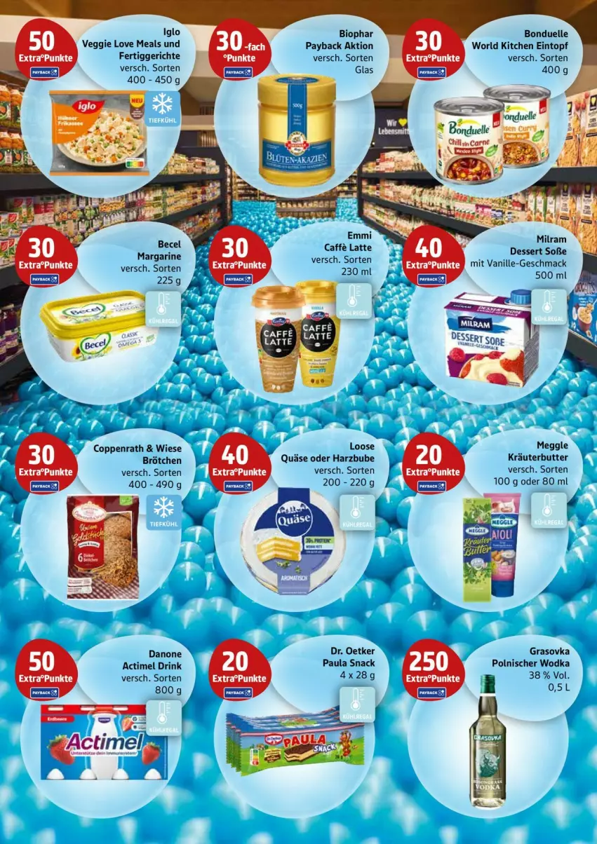 Aktueller Prospekt Edeka - Prospekte - von 15.09 bis 20.09.2025 - strona 24 - produkty: actimel, actimel drink, bio, bonduelle, brötchen, butter, caffe, coppenrath, danone, danone actimel drink, dessert, Dr. Oetker, drink, eintopf, elle, fertiggericht, fertiggerichte, iglo, kräuter, kräuterbutter, latte, Loose, margarine, meggle, milram, Paula, payback, quäse, snack, Soße, Ti, topf, veggie, Veggie Love, wodka